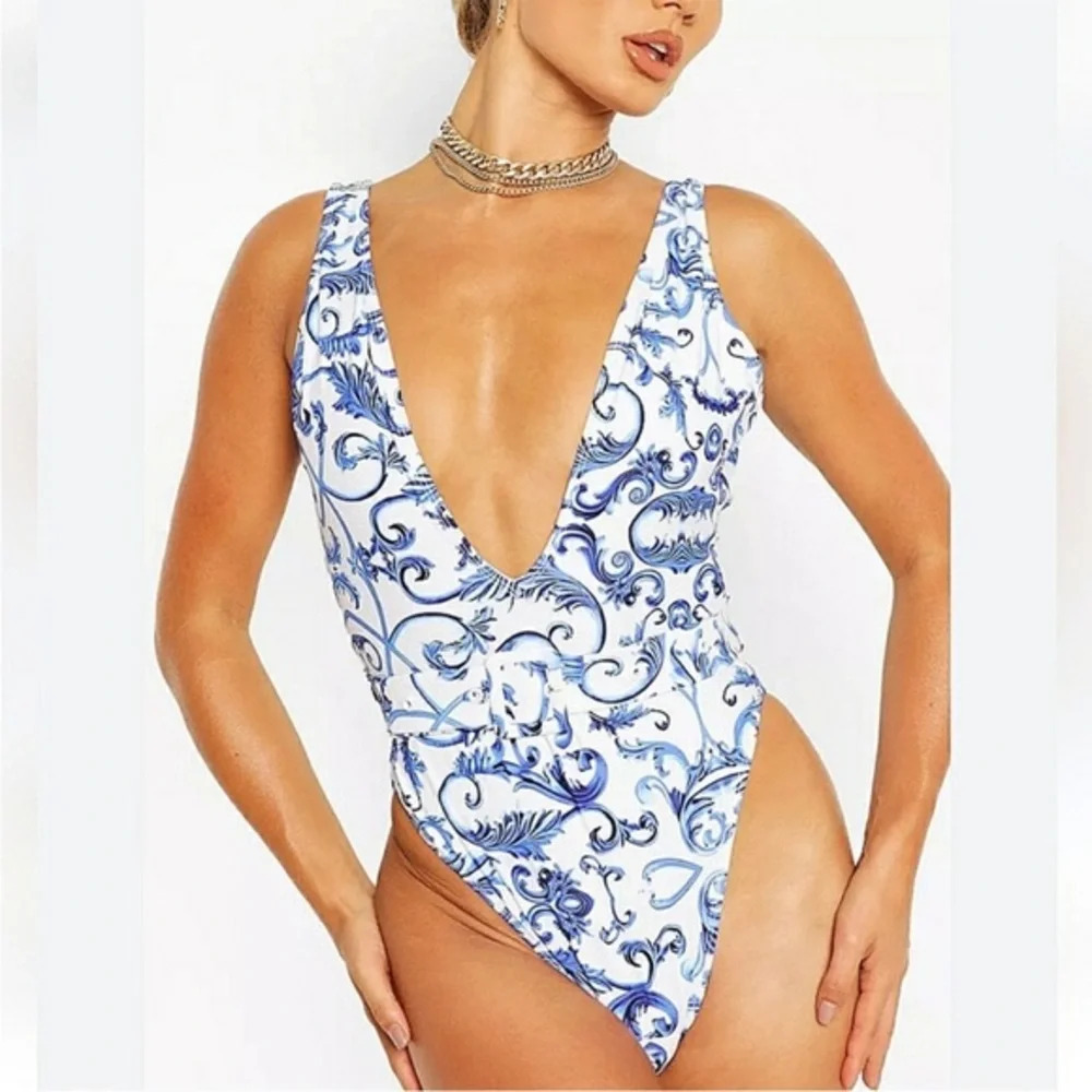 NWT BOOHOO China Blue Belted Plunge Swimsuit, Size 6, SOLD OUT STYLE